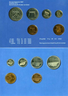 Нидерланды годовой набор из 5 монет + жетон мондвора 1987 подарочный картонный буклет (5 центов - 2 1/2 гульдена) UNC 5-4-1-04