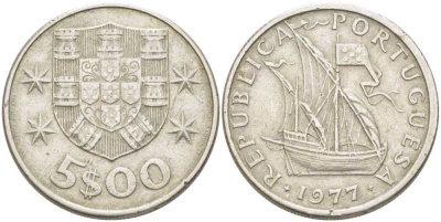 ПОРТУГАЛИЯ 5 ЭСКУДО 1977 ПАРУСНИК KM 591 медно-никель 213-254