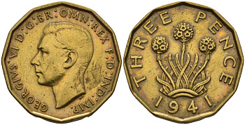 Великобритания 3 пенса 1941 Георг VI (1936-1952) KM 849, Spink 4112 никель латунь 4143-624