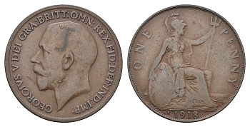 Великобритания 1 пенни 1918 KN, Георг V (1910-1936) KM 810, Spink 4053 бронза 4661-614