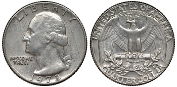 США 25 центов (квотер) 1973 Вашингтон KM 164а медь плакированная медно-никелем 4128-631