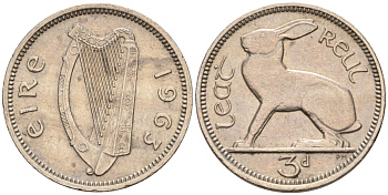 Ирландия 3 пенса 1963 заяц KM 12а медно-никель XF-UNC 4580-928
