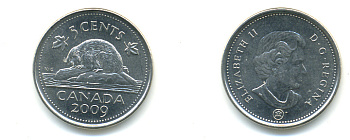 КАНАДА 5 ЦЕНТОВ 2009 БОБЕР KM 491 сталь плакированная никелем 177-1269