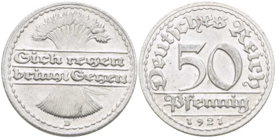 ГЕРМАНИЯ 50 ПФЕННИГОВ 1921 D KM 27, J. 301, Weege 10 алюминий 261-714