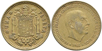 ИСПАНИЯ 1 ПЕСЕТА 1966 (71) ФРАНСИСКО ФРАНКО ДИКТАТОР ИСПАНИИ (1939-1975) KM 796 алюминиевая бронза 110-1231