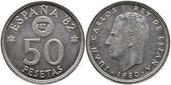 Испания 50 песет 1980 (82) Хуан Карлос, чемпионат мира по футболу Испания 82 KM 819 медно-никель 4384-1046