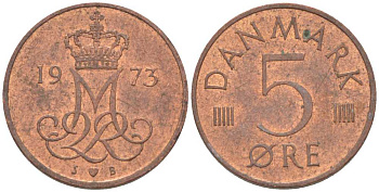 Дания 5 эре 1973 S; B, Маргрете II (1972- ) KM 859.1 железо плакированное медью 4392-126