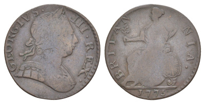 Великобритания 1 фартинг 1775 Георг II (1727-1760) KM 602, Spink 3775 медь 1526-423