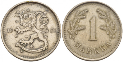 ФИНЛЯНДИЯ 1 МАРКА 1922 KM 27 медно-никель 4548-311