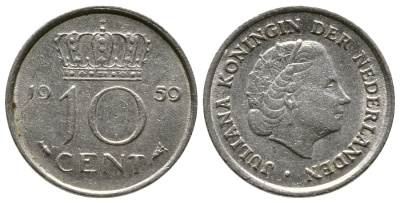 НИДЕРЛАНДЫ 10 ЦЕНТОВ 1959 ЮЛИАНА KM 182 никель 4379-929