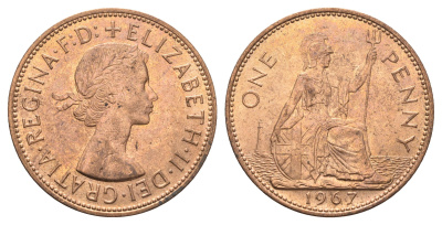 Великобритания 1 пенни 1967 Елизавета II (1952-2022) KM 897, Spink 4157 бронза UNC 4661-1014