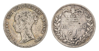Великобритания 3 пенса 1850 Виктория (1837-1901) KM 730, Spink 3914 серебро 413-2514
