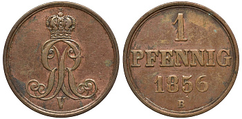 Ганновер 1 пфенниг 1856 B, Георг V KM 221, AKS 155, J. 83 медь 4594-166