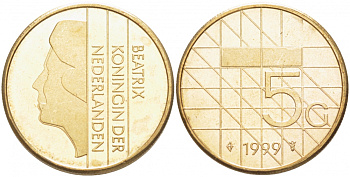 НИДЕРЛАНДЫ 5 ГУЛЬДЕНОВ 1999 БЕАТРИКС KM 210 никель плакированный бронзой 3457-736