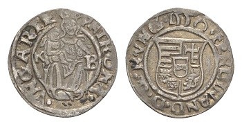 Венгрия 1 денар 1550 KB, Фердинанд I (1526-1564), мадонна с младенцем серебро EH 745a серебро 66-738