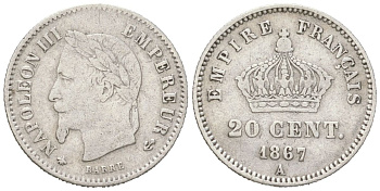 Франция 20 сантимов 1867 A, Наполеон III (1852-1870) KM 808.1 серебро 4617-744