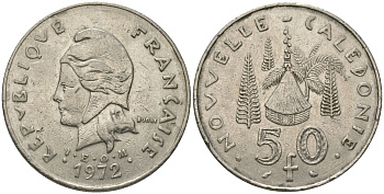 Французская Новая Каледония 50 франков 1972 хижина среди сосен и пальм, (IEOM) KM 13, Schoen 15, Lec 121 никель 111-444