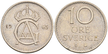 Швеция 10 эре 1965 Густав VI Адольф (1950-1973) KM 835 медно-никель 4585-365