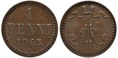 Россия для Финляндии 1 пенни 1865 Александр II Биткин 665 медь aUNC 00-814-85