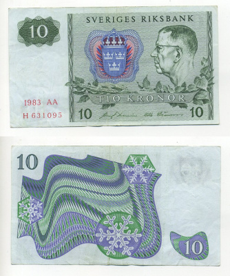 ШВЕЦИЯ 10 КРОН 1983 СЕРИЯ AA Pick 52e бумага 7203-75-1