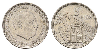 Испания 5 песет 1957 (75) Франсиско Франко (1939-1975) KM 786 медно-никель 4707-334