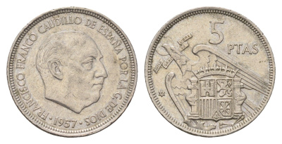 Испания 5 песет 1957 (75) Франсиско Франко (1939-1975) KM 786 медно-никель 4707-334