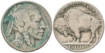 США 5 центов 1927 D, индеец, бизон KM 134 медно-никель 4614-1127