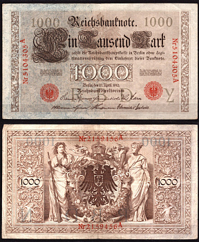 Германия 1000 марок 1910 Берлин, A; аллегорические фигуры («Мореплавание» и «Земледелие»), герб Pick 44 b бумага 7547-84-3-1