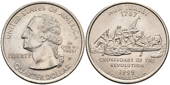 США 25 центов = квотер 1999 Р, серия штаты США, Нью-Джерси KM 295 медь плакированная медно-никелем 4586-111