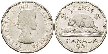 Канада 5 центов 1961 Елизавета II (1952-), бобр KM 50а никель 86-637