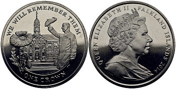 Фолклендские острова 1 крона 2014 в память героев первой мировой войны, Королевский госпиталь Челси KM 177 медно-никель  UNC M90-19