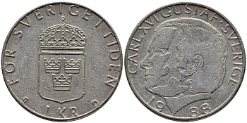Швеция 1 крона 1988 Карл XVI Густав (1973- ) KM 852a медно-никель 4397-1232