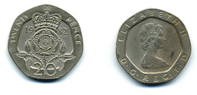 Великобритания 20 пенсов 1982 Елизавета II (1952-2022) KM 931, Spink 4230 (G1) медно-никель 4110-947