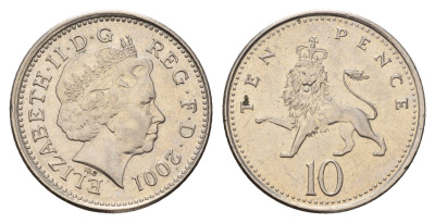 Великобритания 10 пенсов 2001 Елизавета II (1952-2022) KM 989, Spink 4650 (F5) медно-никель 186-554