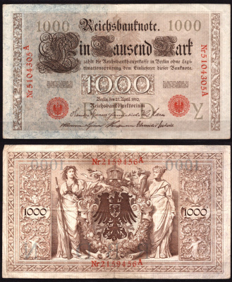 Германия 1000 марок 1910 Берлин, A; аллегорические фигуры («Мореплавание» и «Земледелие»), герб Pick 44 b бумага 7547-84-3-1