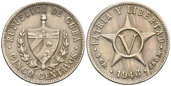 Куба 5 сентаво 1946 KM 11.3, Y 5b, Schoen 5 медно-никель 4116-335