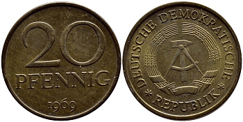 ГДР 20 пфеннигов 1969 А, первый год KM 11 латунь UNC 4398-1127