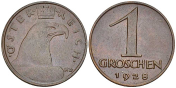 АВСТРИЯ 1 ГРОШ 1928 ДОВОЕННАЯ ДЕСЯТИЧНАЯ ЧЕКАНКА KM 2836 бронза 201-159