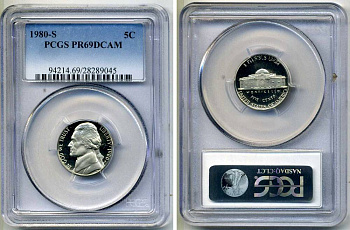 США 5 центов 1980 S, президент Джеферсон, в слабе PCGS PR69CAM KM А192 медно-никель PROOF 15-003-02