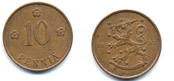 Финляндия 10 пенни 1937 KM 24 медь 51-5627