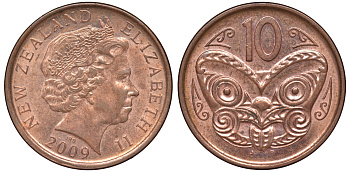 Новая Зеландия 10 центов 2009 маска Маори, Елизавета II (1952-) KM 117а сталь плакированная медью 4178-756