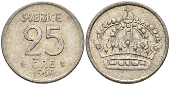 Швеция 25 эре 1960 TS, Густав VI Адольф (1950-1973) KM 824 серебро 4147-1112
