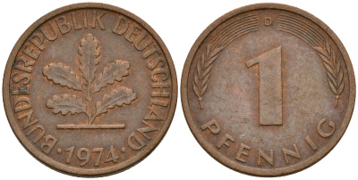 ФРГ 1 пфенниг 1974 D KM 105, J. 380 сталь плакированная медью    4598-542