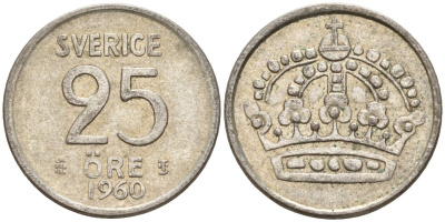 Швеция 25 эре 1960 TS, Густав VI Адольф (1950-1973) KM 824 серебро 4147-1112