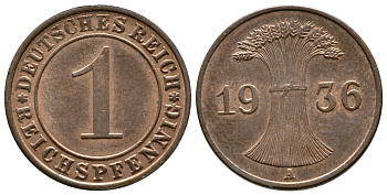 Германия 1 рейхспфенниг 1936 A KM 37, J. 313 бронза 220-1328