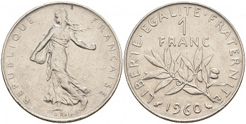 ФРАНЦИЯ 1 ФРАНК 1960 СЕЯТЕЛЬ KM 925.1, LE FRANC 226.4 никель 186-326