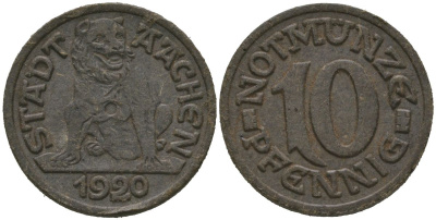 Ахен (Пруссия, Рейн) 10 пфеннингов 1920 Funck 1.1 (v), Men05 70.1, Men18 99.1 картон 4525-513