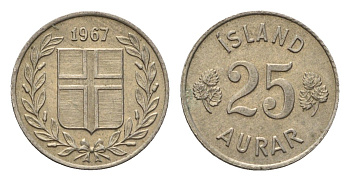 Исландия 25 эйре 1967 KM 11 медно-никель UNC 4696-347