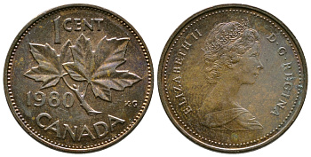 Канада 1 цент 1980 Елизавета II (1952-2022), кленовый лист KM 127 бронза 46-1936