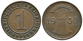 ГЕРМАНИЯ 1 РЕЙХСПФЕННИГ 1930 A KM 37, J. 313 бронза 4380-1215